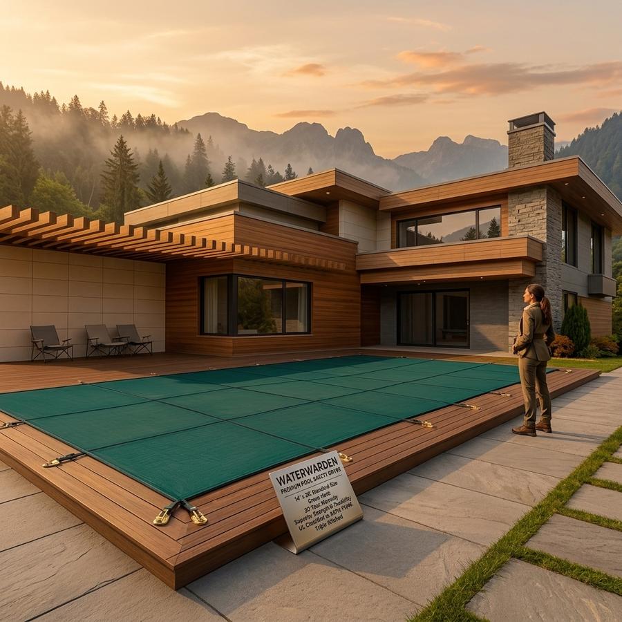 WaterWarden green mesh premium cover on inground pool