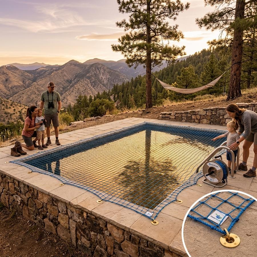 WaterWarden premium safety net on rectangular inground pool