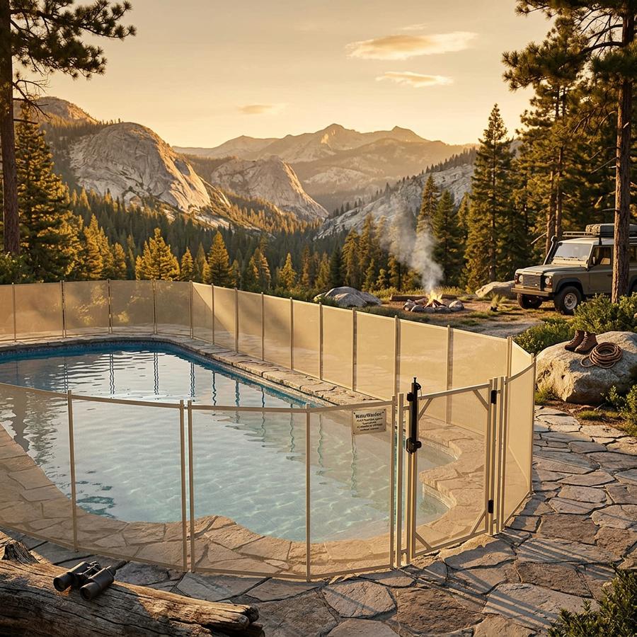 WaterWarden beige pool fence on concrete deck